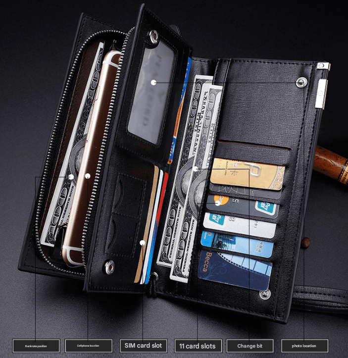 Black Men's Business Casual Long Wallet Clutch - PU Leather Large Capacity
