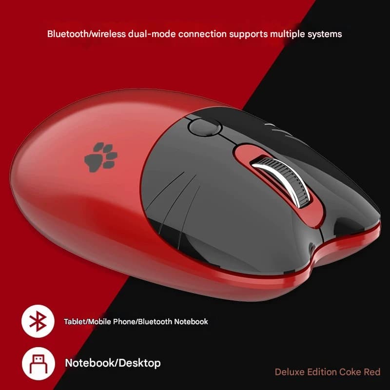 Cat Shaped Wireless Office Mouse - Dual Mode 2.4G/Bluetooth, 3-Level - Red