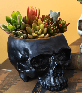 Black Halloween Skull Resin Desktop Ornament and Pen Holder - Spooky Decor