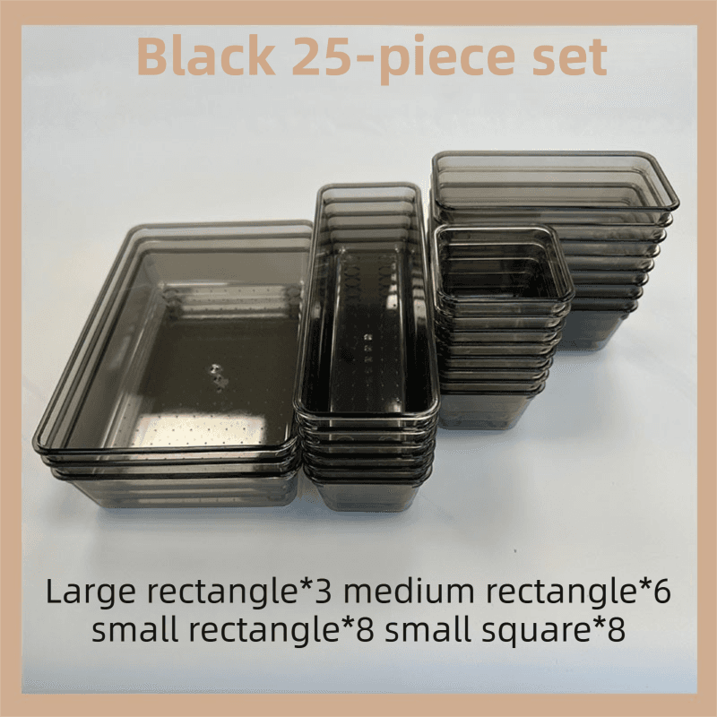 25-Piece Black Transparent Stackable Organizer Set - 4-Size Versatile