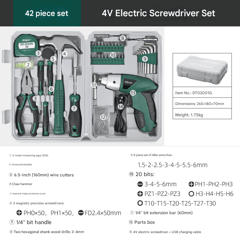 Green 42 Piece Home Tool Set with 4V Cordless Electric Screwdriver Kit