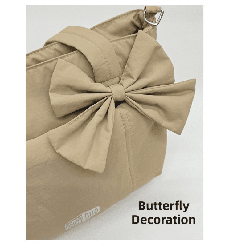 Khaki Puffy Quilted Nylon Hobo & Crossbody Bag with Bowknot - Trendy