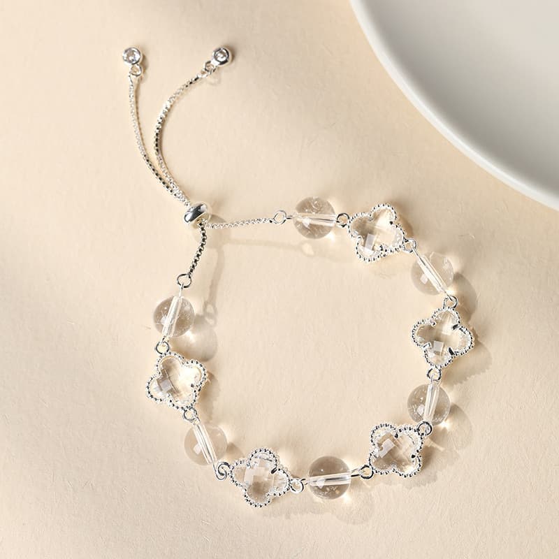 Natural Clear White Crystal Four-Leaf Clover Bracelet - Adjustable