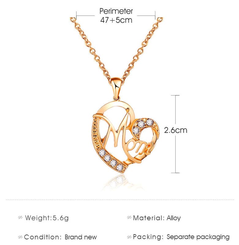 Golden MOM Heart Pendant Necklace with Rhinestones - Adjustable 47+5 cm