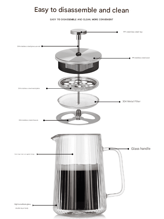 Transparent Ribbed Double Wall Glass French Press - 350 ml Heat-Resistant