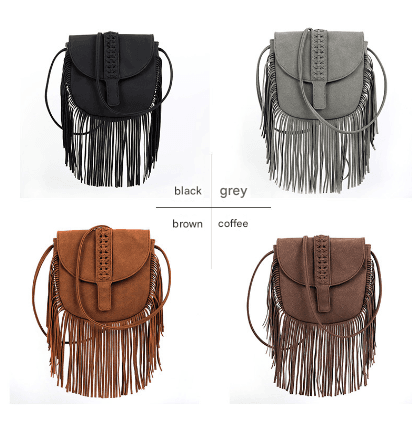 Brown Bohemian Fringe Crossbody Bag - Suede-Look PU Leather with Braided