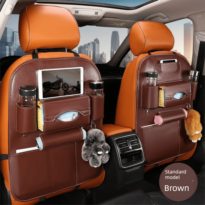 2-PCS Brown PU Leather Car Back Seat Organizer Kick Mat - Brown Seat