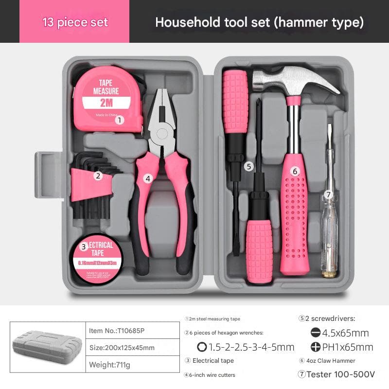13-Piece Essential Household Tool Kit - Compact Home Repair & DIY Set - Pink