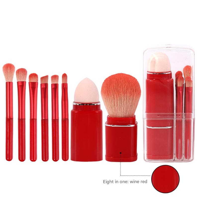 Wine Red Compact 8-in-1 Makeup Brush Set - Portable Travel Kit