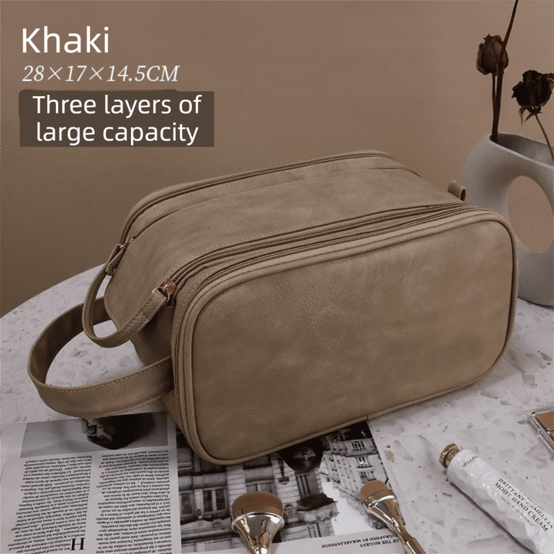 Khaki TPU Leather Dual-Zipper Cosmetic Bag with 3 Dry & Wet Separation Zone