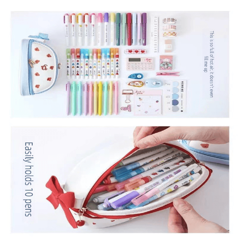 Red Large Capacity Double Layer Pencil Case Waterproof PU Leather Stationery