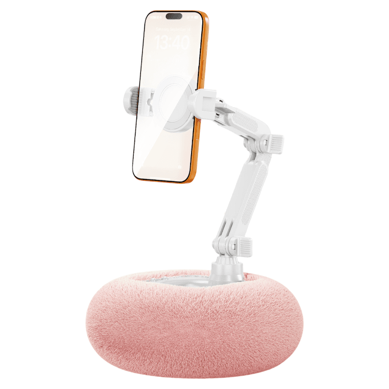 2-in-1 Pink Soft Plush Pillow Base & Phone Holder - 3-Axis 180° - Pink Phone