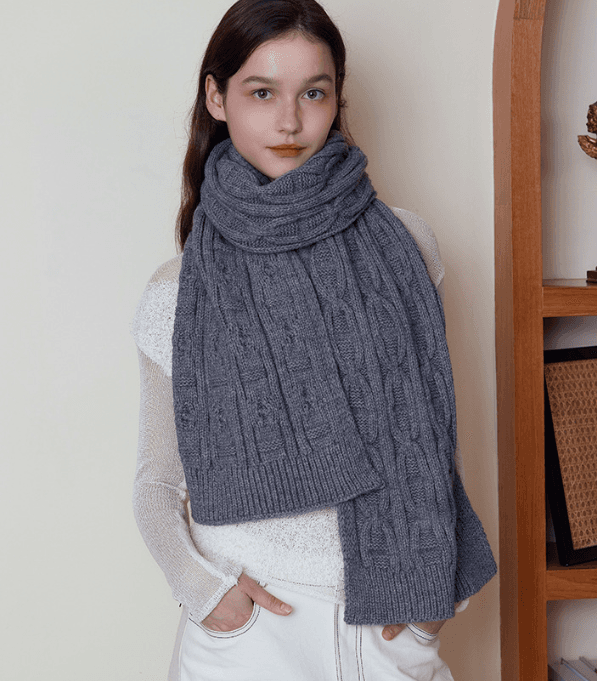 Gray Classic Textured Knit Scarf - Solid Color, Soft Feel - 176 × 26.5 cm
