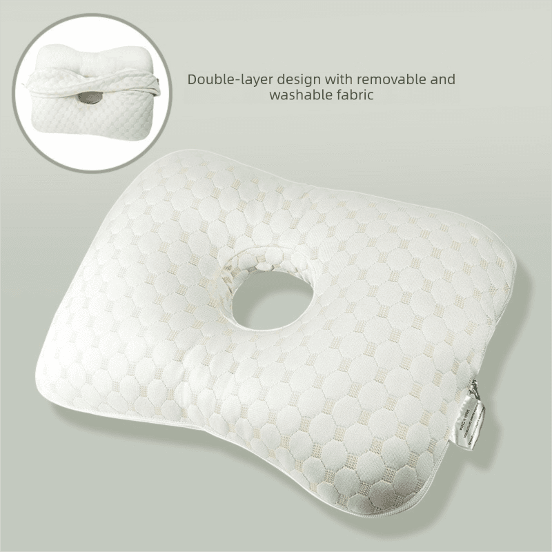 Light Gold Ergonomic Ear Pillow with Hole for Side Sleepers - Pressure