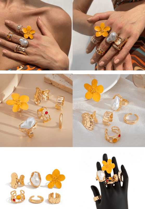 6-Piece Gold Chunky Stackable Ring Set Deep Red Enamel Flower - Light Gold