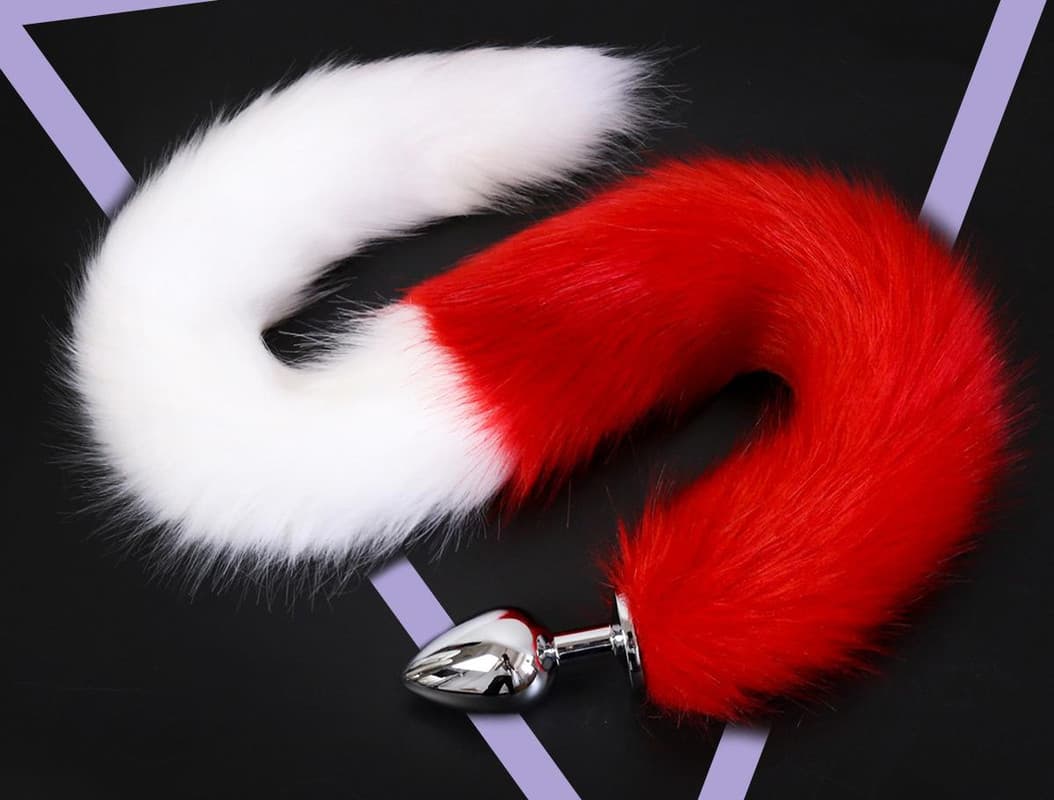 Extra Long Faux Fur Tail with Metal Anal Plug - White and red-small
