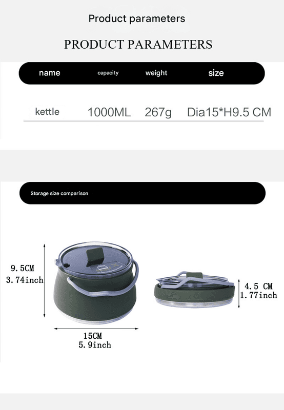 Khaki 1L Portable Collapsible Camping Kettle - Food-Grade Silicone Body