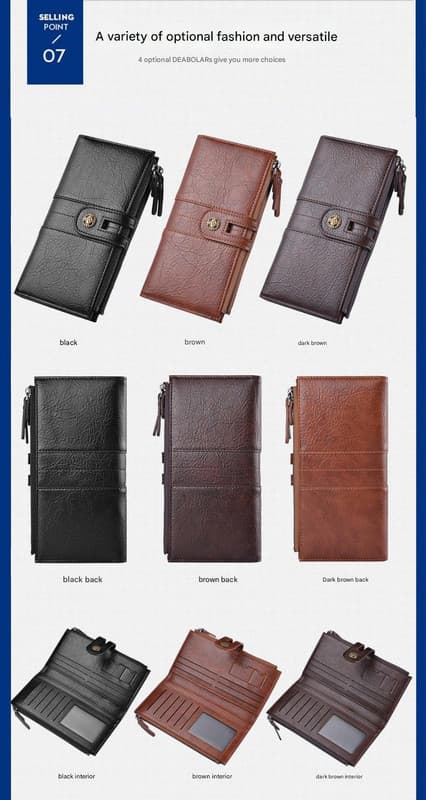 Black Men's Vintage PU Leather Long Wallet - High Capacity Dual Zipper