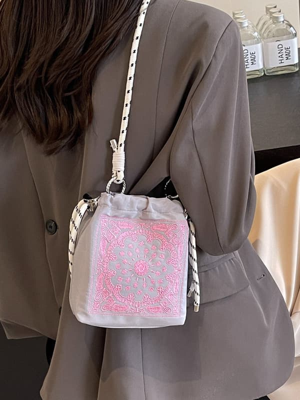 Drawstring Bucket Bag with Intricate Print - Adjustable Rope Strap - Beige
