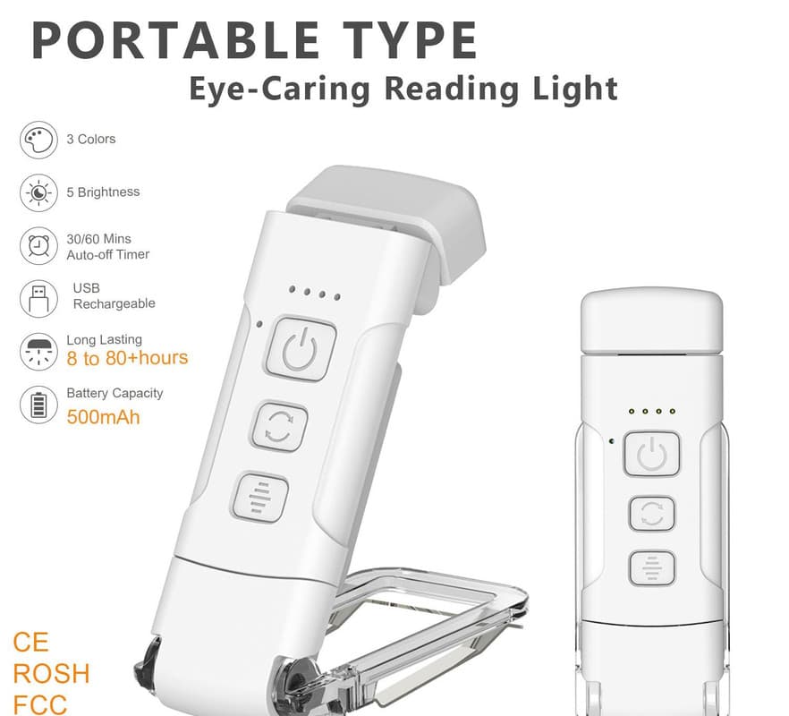 Portable Clip-On LED Reading Light - USB Rechargeable, 3 Color Modes - White