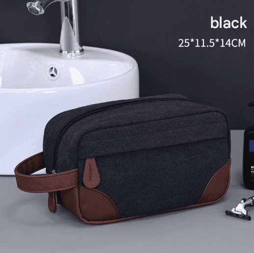 Black Men's Vintage Canvas Toiletry Bag PU Leather Accent Travel Wash Pouch