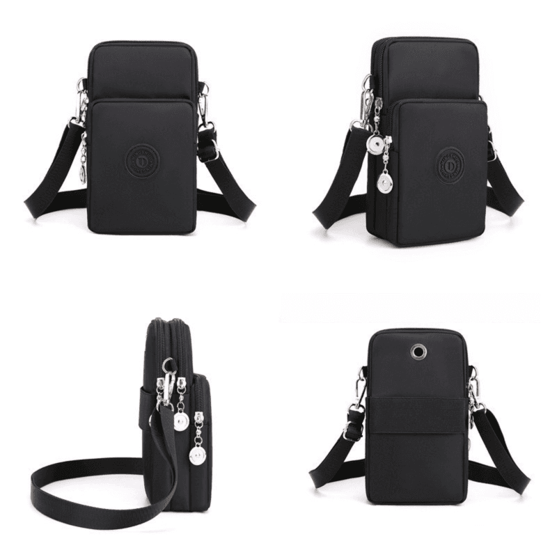 Black 3-Layer Waterproof Nylon Vertical Crossbody Phone Bag - Lightweight