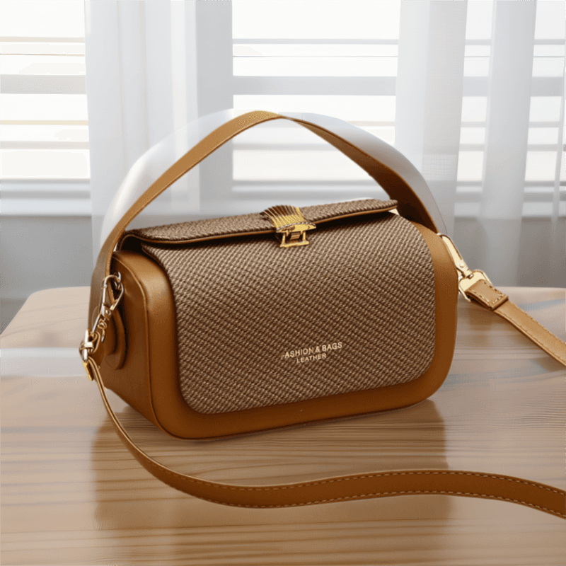 Brown Top Handle Crossbody Bag - Structured PU Leather Box Purse for Women
