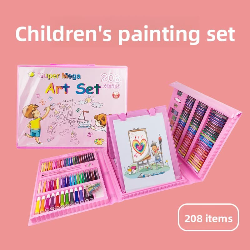 Pink 208-Piece Kids Art Set with Built-in Trifold Easel Drawing and Painting
