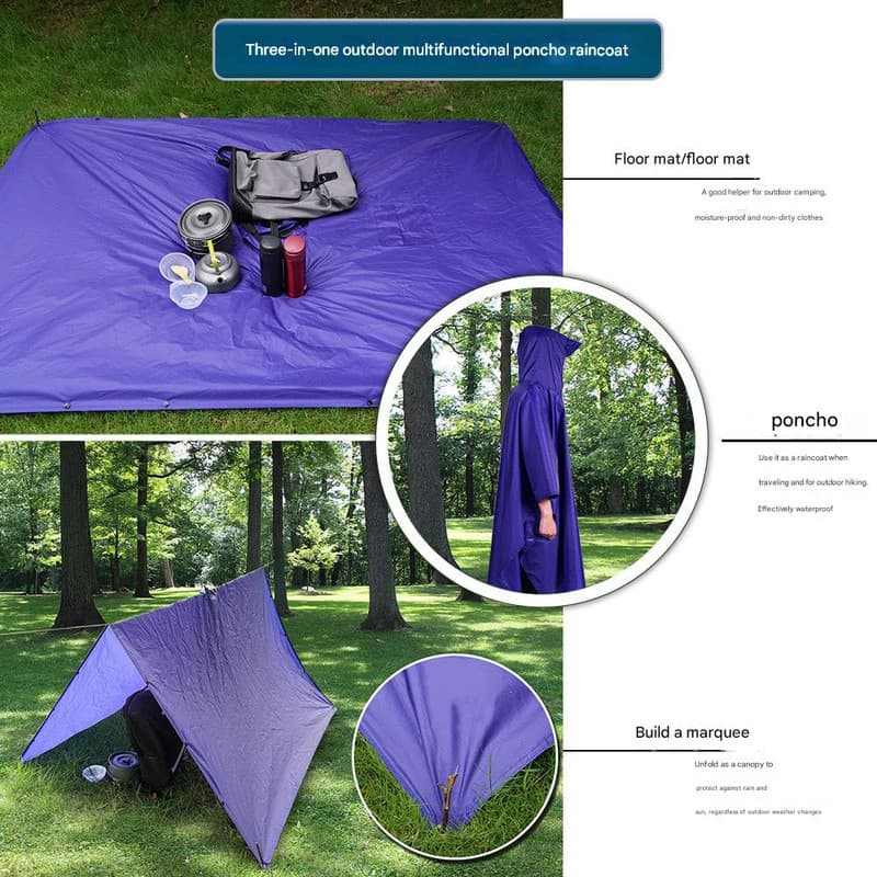 Black Portable Outdoor Camping Poncho - Can be used as Raincoat, Tarp