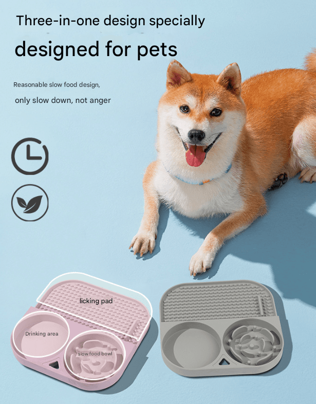 2-Piece Blue 3-in-1 Silicone Pet Slow Feeder & Lick Mat with Water Bowl