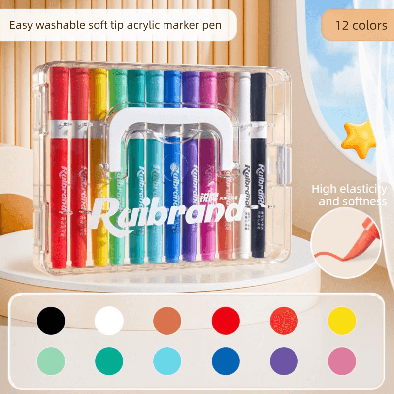 12 Colors Ruibrand Kids Washable Acrylic Markers Set - Non-Toxic, Blendable