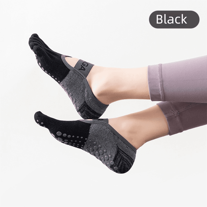 3-PCS Black Anti-Slip Yoga Socks 5 Toe Low Cut Grips Cotton - Black 5