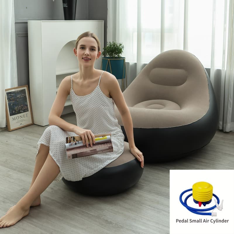 Khaki Inflatable Flocked Lounge Chair & Ottoman Set with Foot Pump