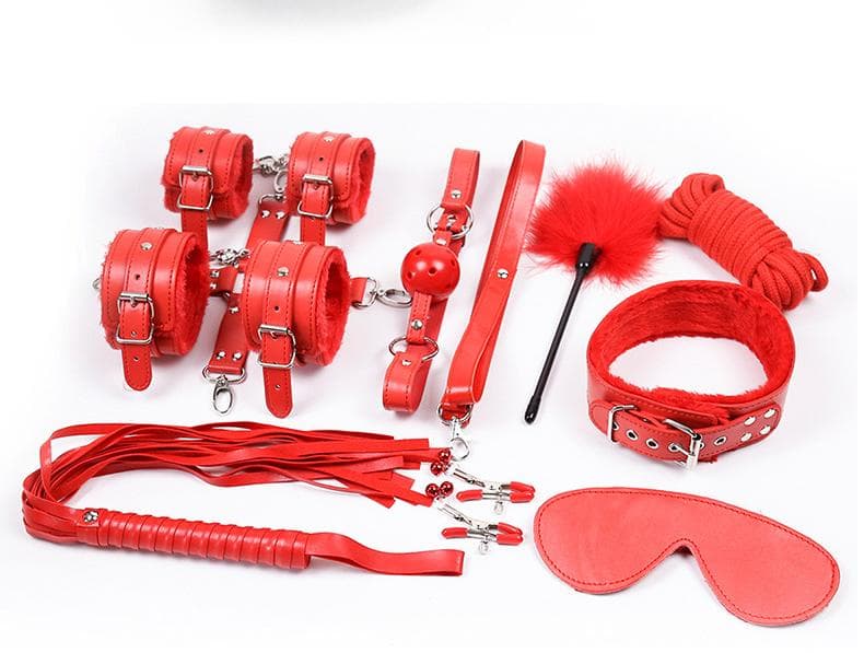 10-Piece Plush Lined Adjustable Restraint Kit with Rope - Kit With Red