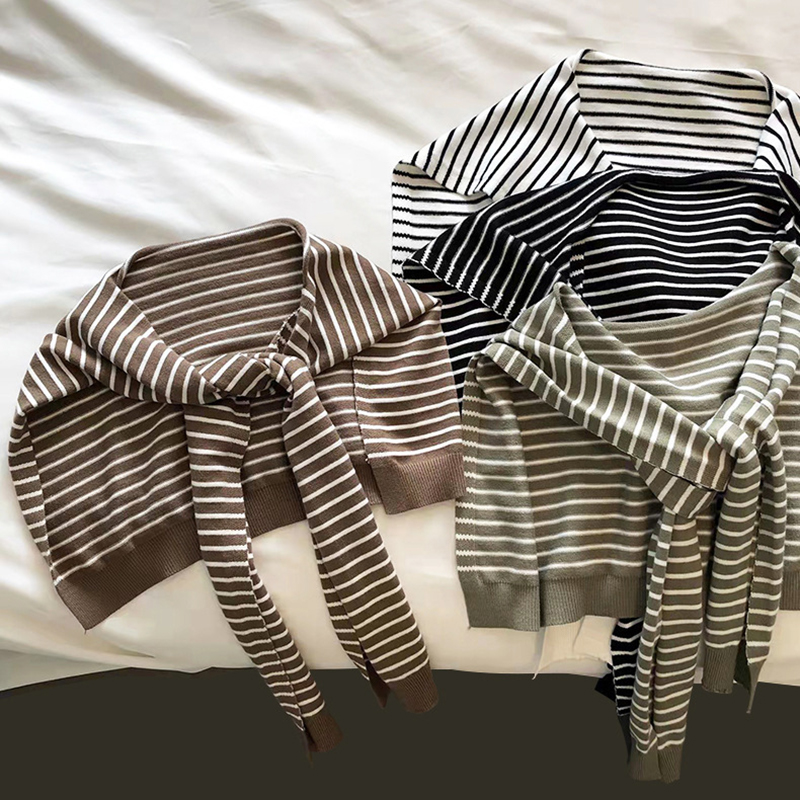 White Striped Knit Tie-Front Shawl - Lightweight Versatile Layering Capelet