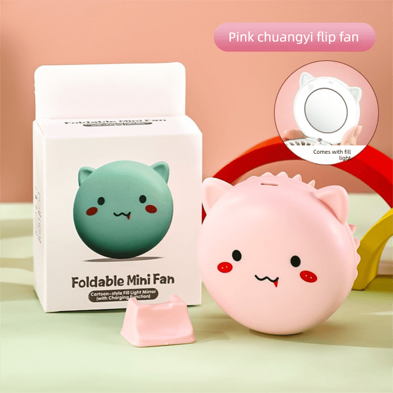 Pink 3-in-1 Mini Portable Fan with Makeup Mirror and LED Fill Light USB