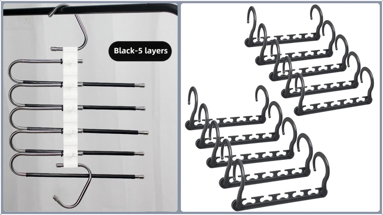 5-Tier Black Stainless Steel Pants Rack and 10-Pack Magic Cascading Hangers