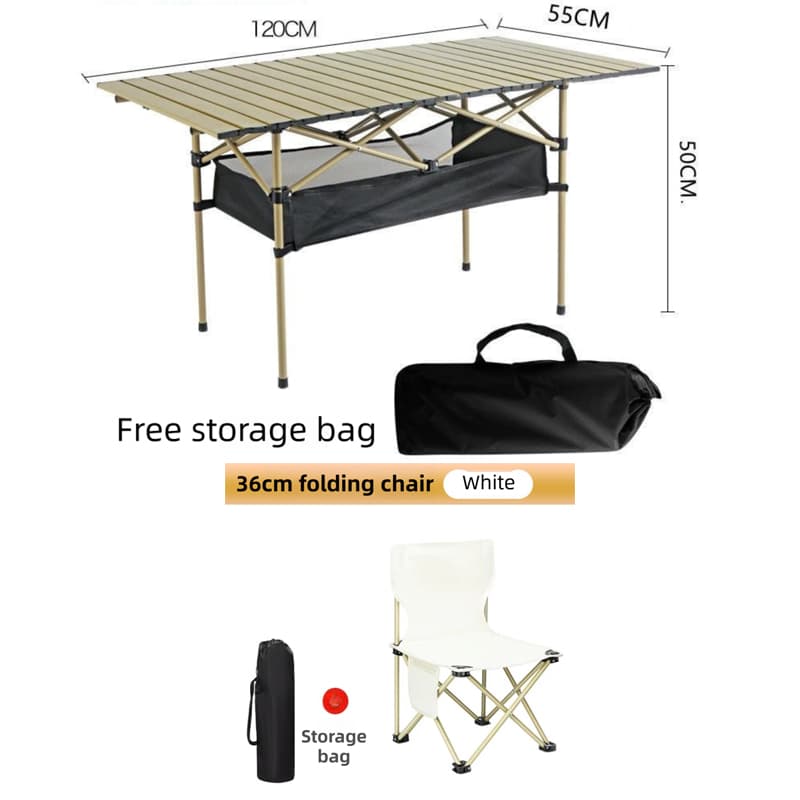 120 cm Khaki Portable Folding Egg Roll Camping Table + 4-Pack 36 cm Chairs