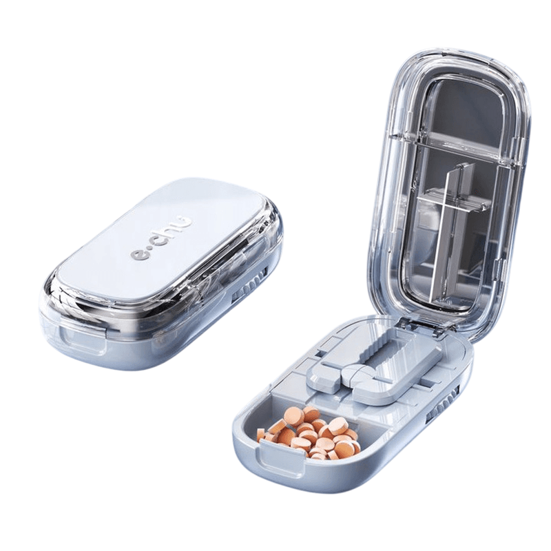 Blue Portable Mini Pill Organizer with 1/2 & 1/4 Precision Cutter