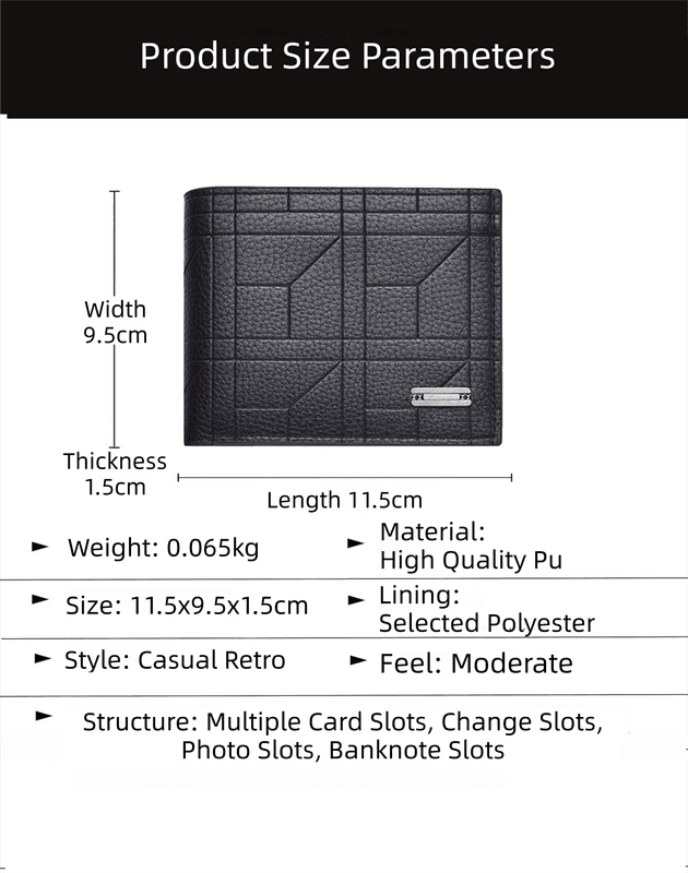 Black Men's Ultra-Thin PU Leather Wallet - Compact & Bi-fold Purse