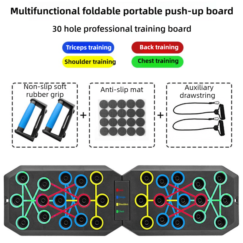 30-Hole Black Foldable Push Up Board with Resistance Bands & Non-Slip Grips