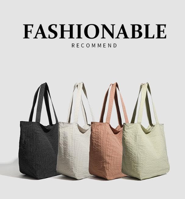 Black Lightweight Seersucker Gingham Tote Bag - Spacious Multi-Pocket