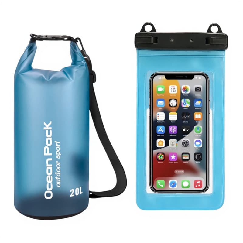 Blue 20L PVC Waterproof Swimming Bag Bonus with Waterproof Phone Pouch
