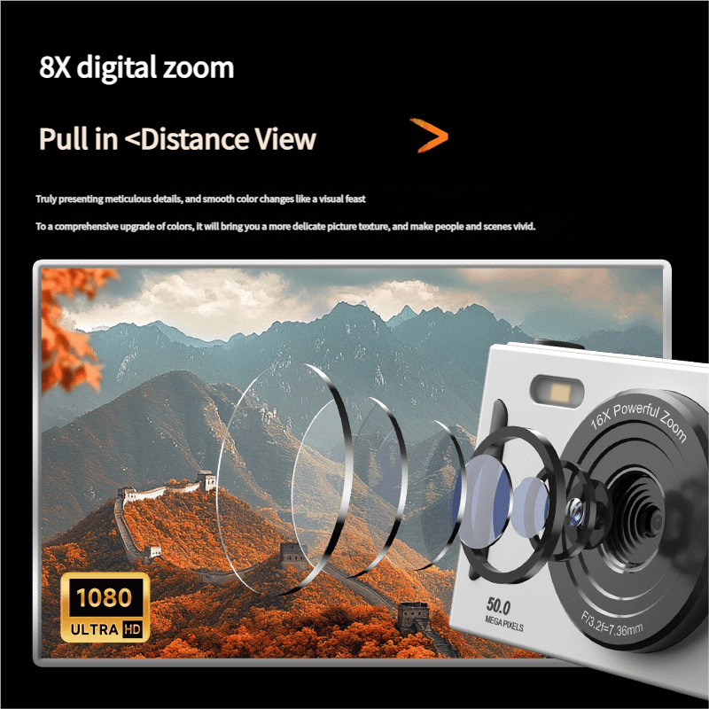 50MP HD Digital Camera with 8X Zoom & Dual Lens System (black)