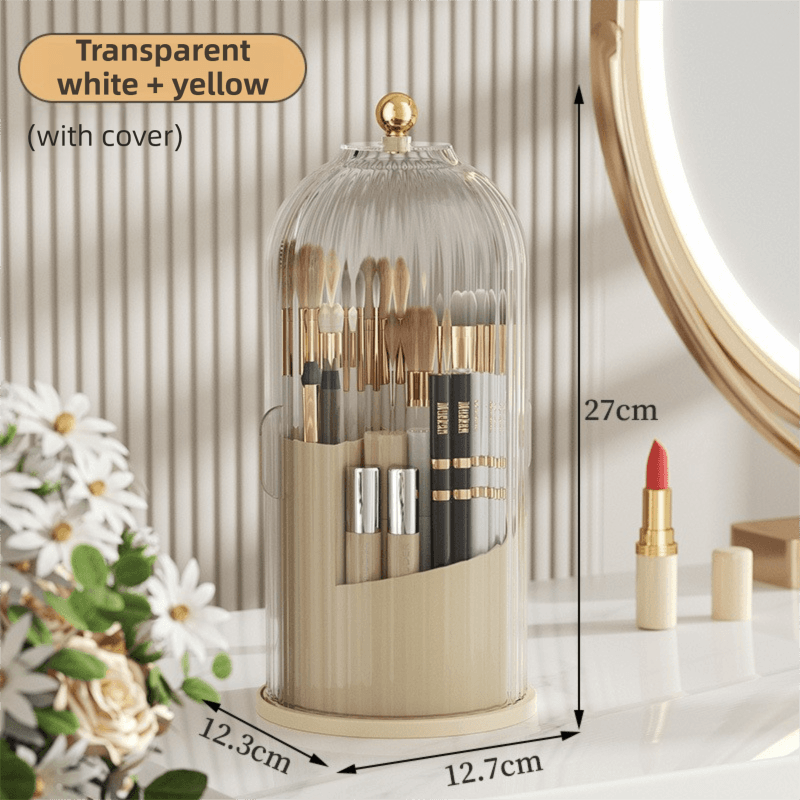 Yellow 360° Rotating Makeup Brush Holder with Transparent Dust-Proof Sliding