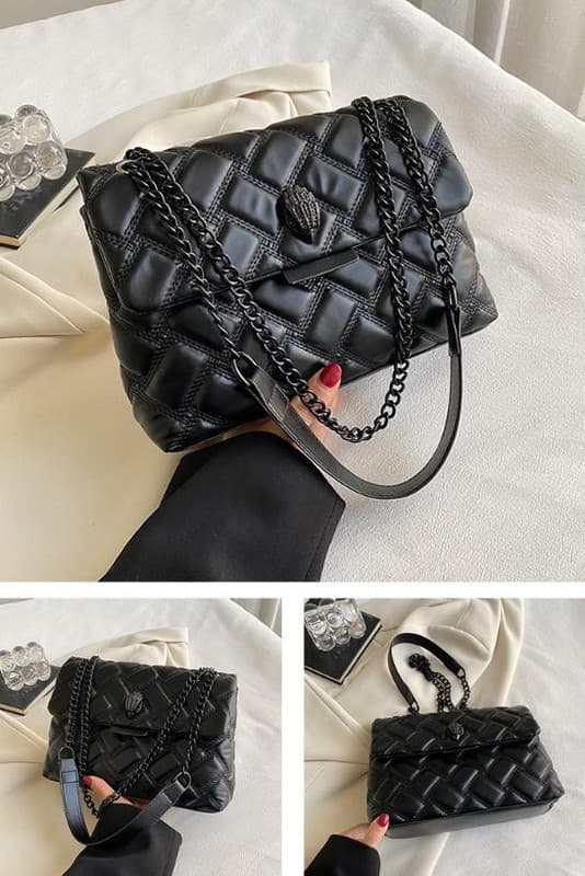 Black Quilted Crossbody Bag for Women - PU Leather Diamond Pattern Chain