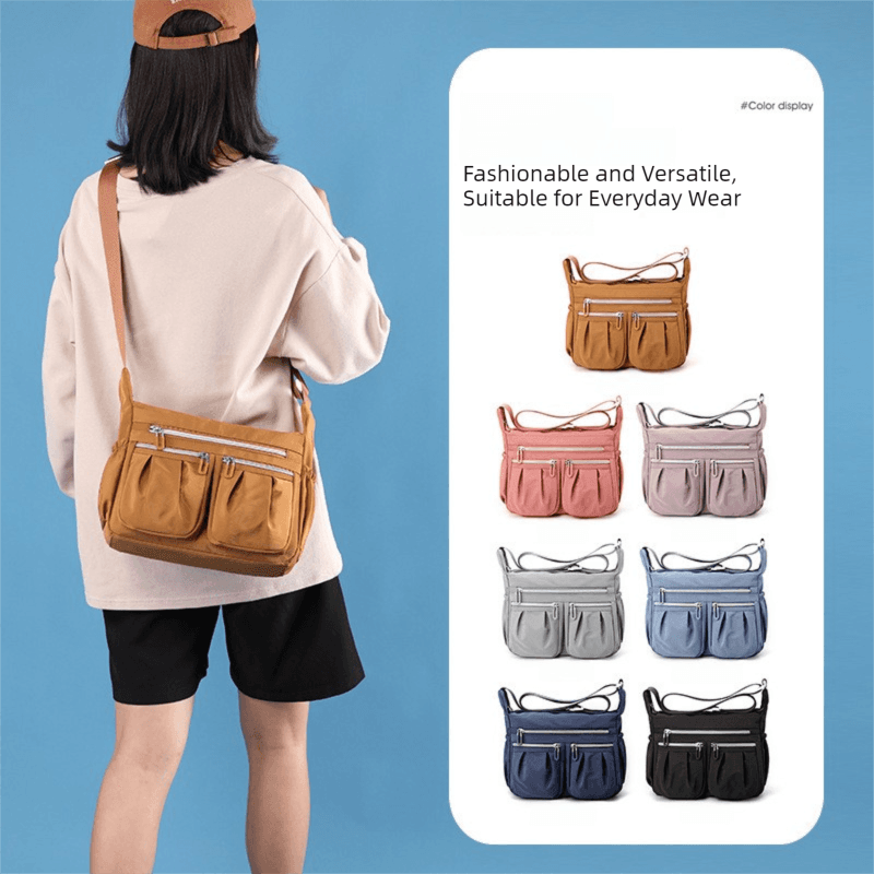 Brown Multi-Pocket Lightweight Nylon Crossbody Bag -, Functional