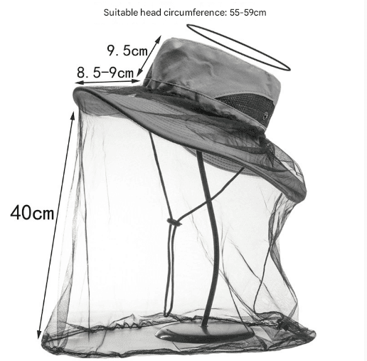 Black Outdoor Mosquito Head Net Hat with 40 cm Mesh Shield - Wide Brim Sun