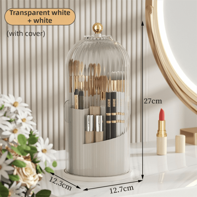 White 360° Rotating Makeup Brush Holder with Transparent Dust-Proof Sliding