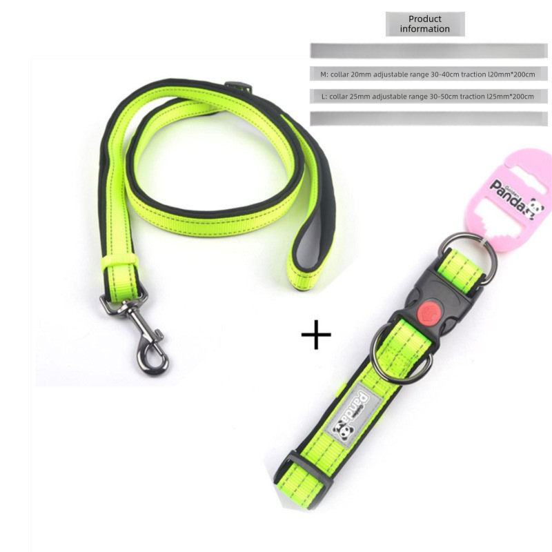 Green M size Vibrant Reflective Dog Collar and Leash Set - Adjustable Nylon